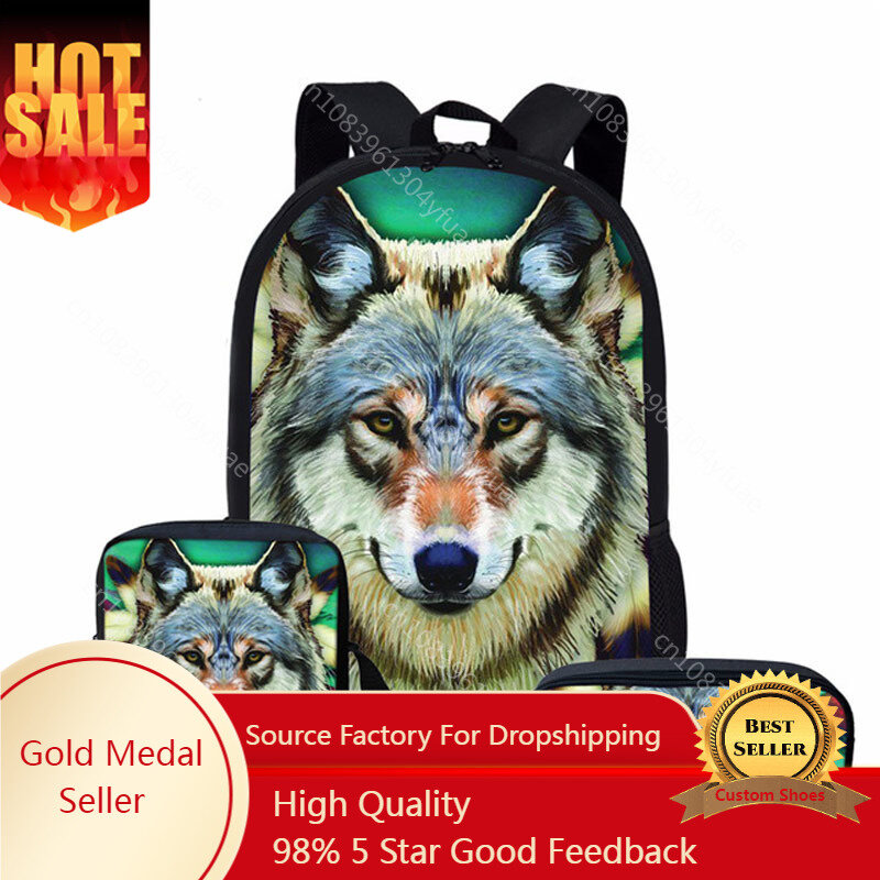 Conjunto de mochilas escolares con estampado 3D de lobo personalizado para adolescentes, niños y niñas, mochila para niños, mochilas para libros para estudiantes