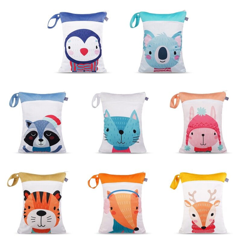 Y1UB-Bolsa pañales para bebés con estampado dibujos animados, impermeable, húmedo, seco, con cremallera, bolso para bolsa