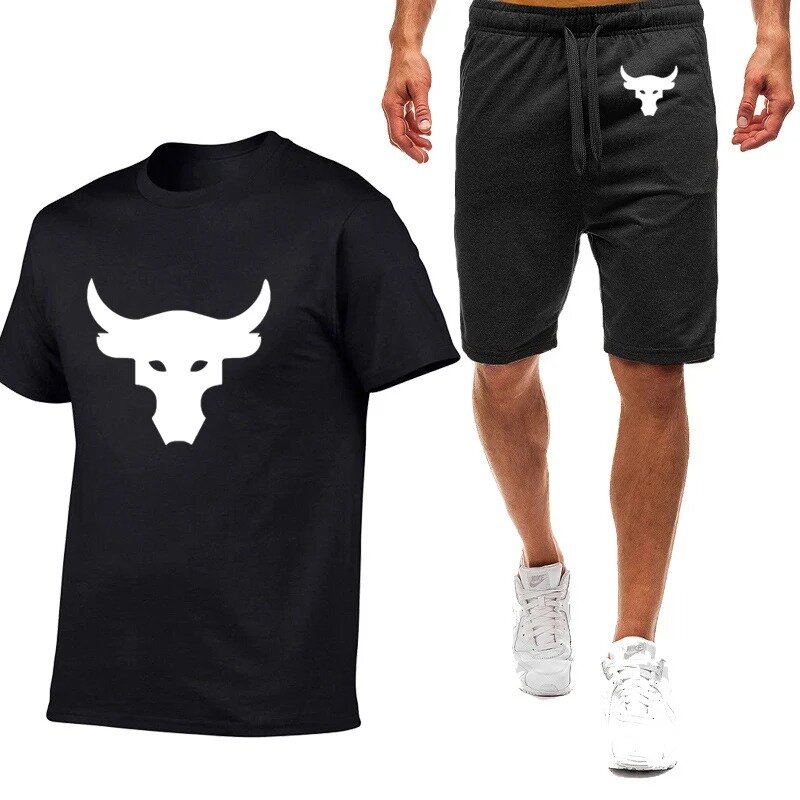 2024 Sommer Männer Dwayne Johnson Brahma Bull Tattoo Logo gedruckt Mode Rundhals ausschnitt Kurzarm Tops beliebte Sport Shorts Sets