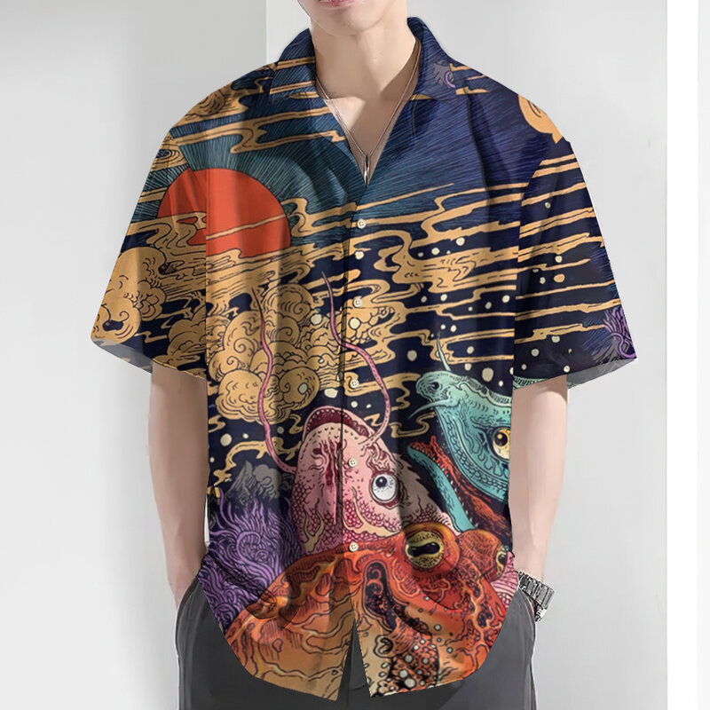 ใหม่เสื้อฮาวายพิมพ์ลาย Ukiyo-E สำหรับผู้ชายเสื้อเชิ้ตผู้ชายลำลองฤดูร้อนเสื้อแขนสั้นโอเวอร์ไซซ์เสื้อแนวสตรีทผู้ชาย