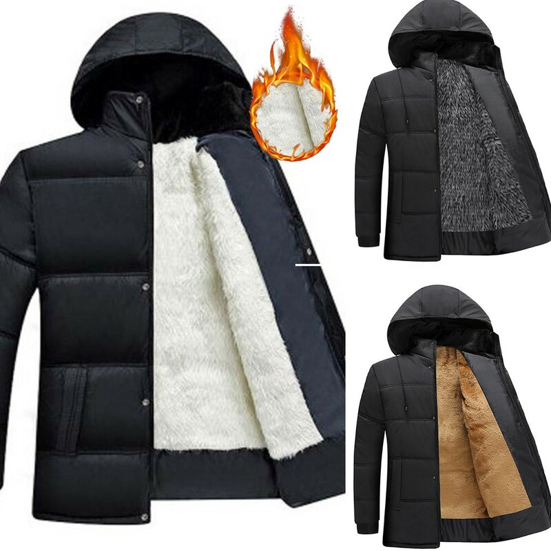 New Thick Warm Winter Parka For Men Fleece Hooded Male Windproof Jacket Cargo Coat Military Streetwear Solid Overcoat