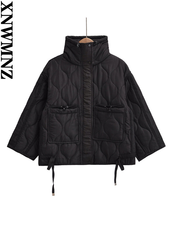 XNWMNZ-Jaqueta acolchoada feminina, gola vintage, bolso com zíper, casacos casuais femininos, moda outono e inverno, 2023