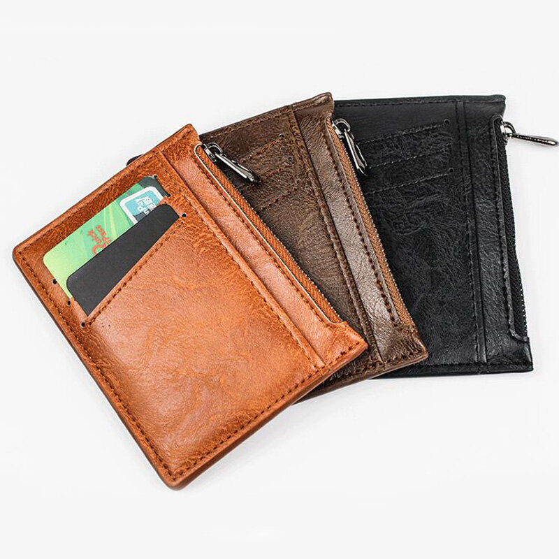 ใหม่มาถึงชายกระเป๋าสตางค์หนังซิปกระเป๋าใส่เหรียญผู้ถือบัตรเครดิต Mini สำหรับชายเงินบางกระเป๋า