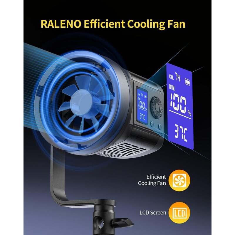 Фотография RALENO 80W светодиодный с пультом дистанционного управления 2,4G, 7200Lux CRI95 + студийные лампы с охлаждающим вентилятором и креплением Bowens