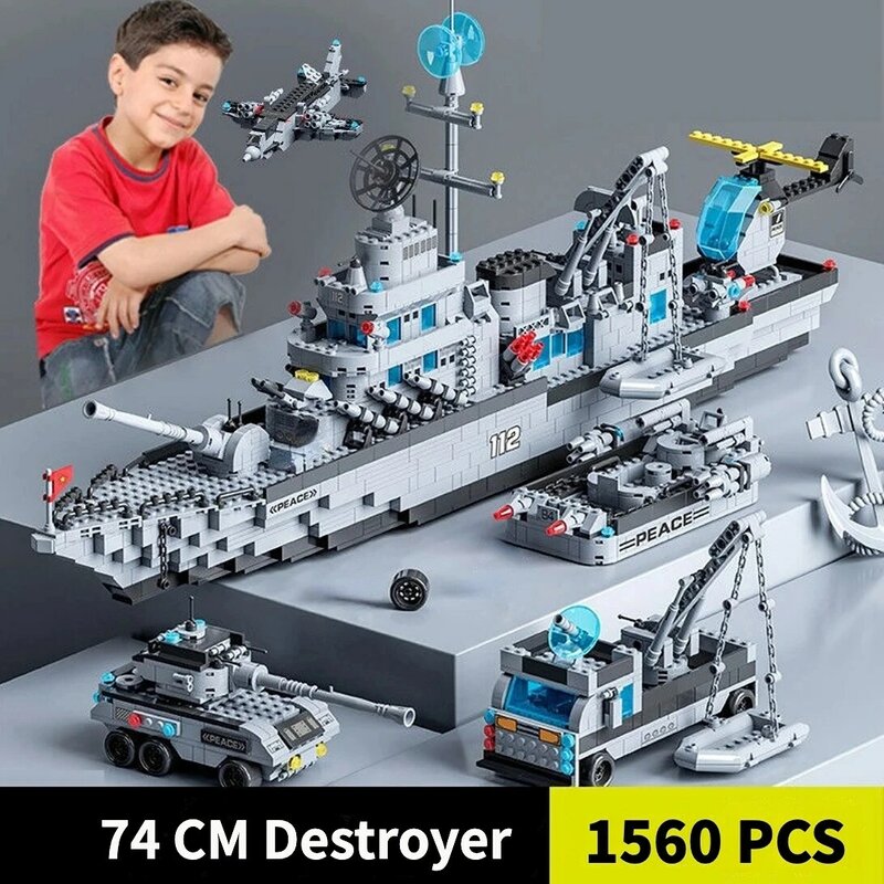 Cocok dengan Lego militer Set kapal angkatan laut blok bangunan mainan bata kapal udara pembawa tentara kapal perang WW2 Heavry Tank Boy hadiah