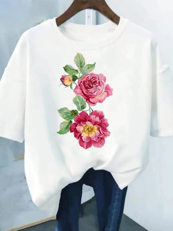 Camiseta com print floral tendência, camisa de manga curta, estilo adorável, moda verão, roupa feminina, casual