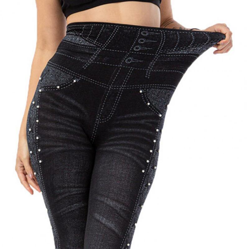Calças femininas grossas e elásticas jeans falso, calças elegantes de malha fina de poliéster, jeans skinny, respirável