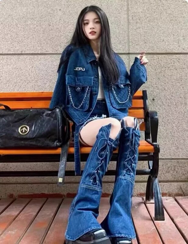 Conjunto jeans de design de rua retrô feminino, outono, novo, 3 peças