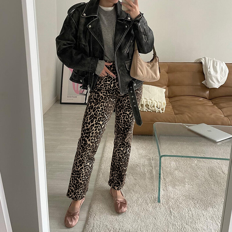 Pantalones vaqueros con estampado de leopardo para mujer, pantalón Sexy ajustado con botones y cremallera, ropa de exterior para primavera, 2024