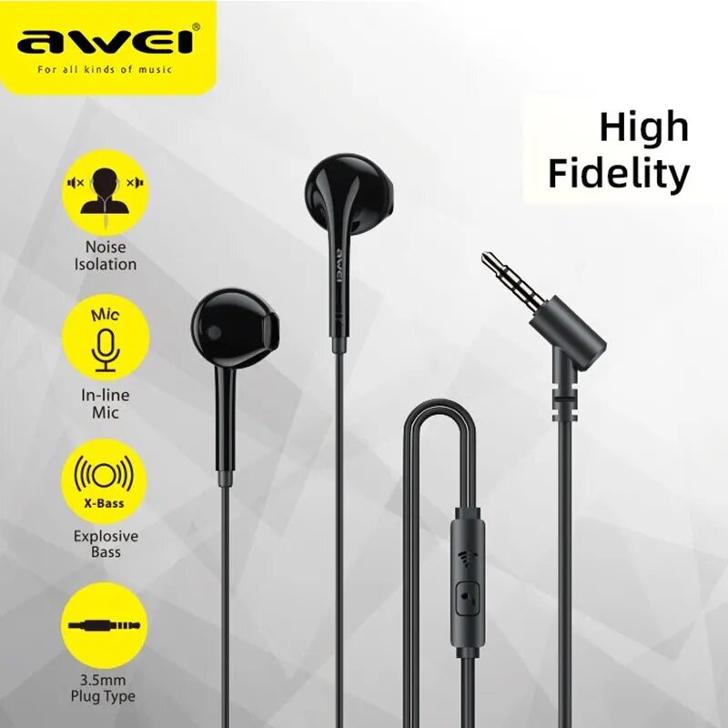 Awei – casque à commande filaire PC-7T/PC-7, écouteurs ergonomiques mains libres avec Microphone, pour Smartphones
