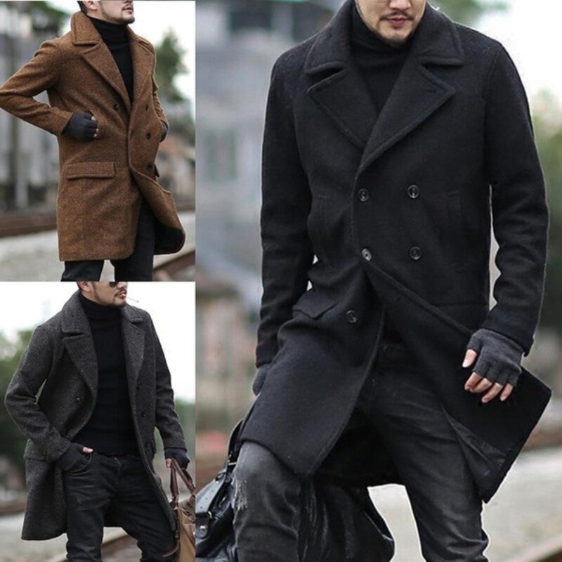 New Casual Men's Jackets With Pocketed Male Clothes Woolen Lapel Clothing Double Breasted Elegant Overoats For Spring Winter