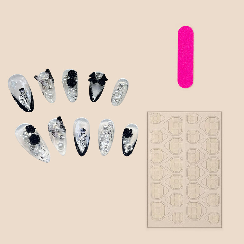 10 pezzi unghie finte fatte a mano toppa per unghie finte francesi nere con motivo floreale rosa 3D sposa signora indossabile copertura completa stampa sulle unghie
