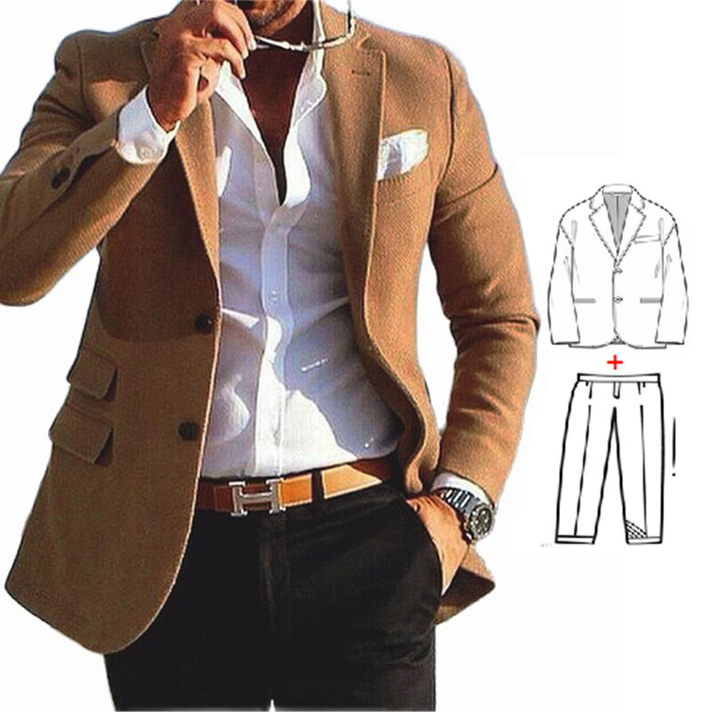 Костюм мужской из 2 предметов, Блейзер, повседневный Модный деловой смокинг, облегающий пиджак и брюки, коричневый