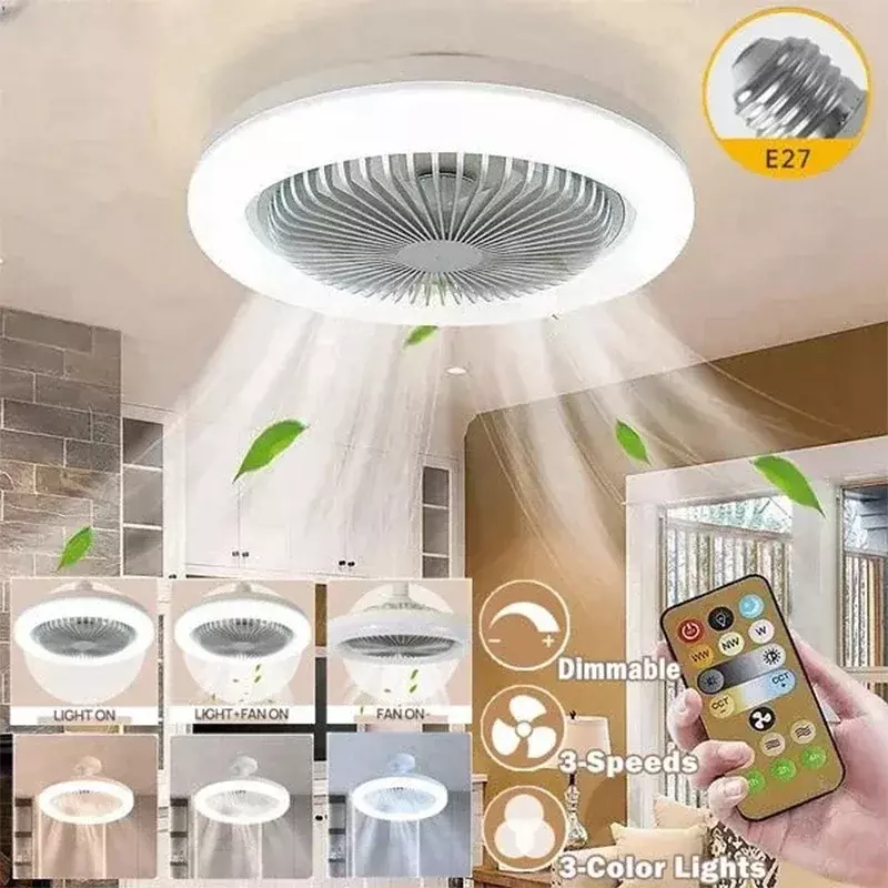 Ventilador de teto inteligente com controle remoto, lâmpada de iluminação, conversor E27, 85-265V, base de iluminação para quarto e sala, 3 em 1