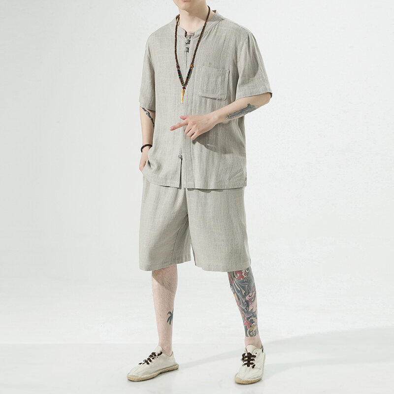 Conjunto deportivo de lino para hombre, camiseta informal y pantalones cortos, chándal de Color sólido, talla 5XL, verano 2024