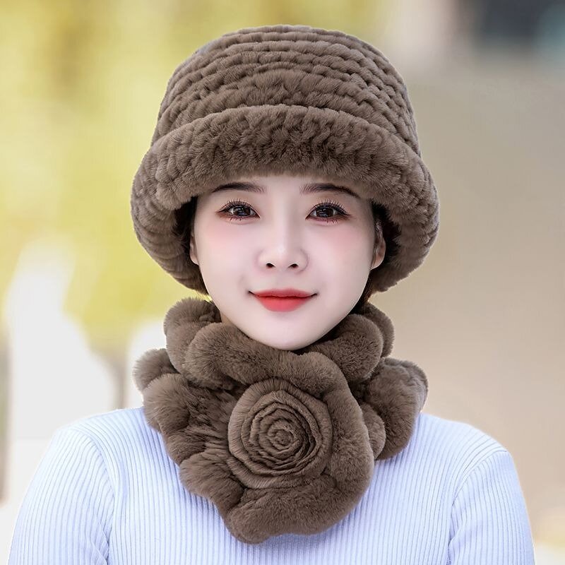 Topi bulu palsu wanita, topi syal hangat usia sedang kasual musim gugur musim dingin 2023