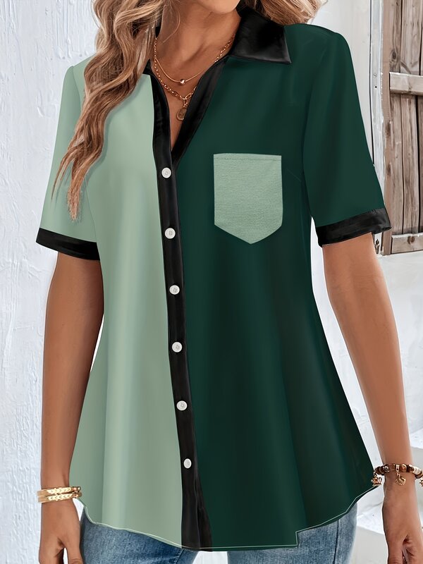 Blusa informal de talla grande para mujer, Blusa de manga corta con botones de colores, cuello vuelto