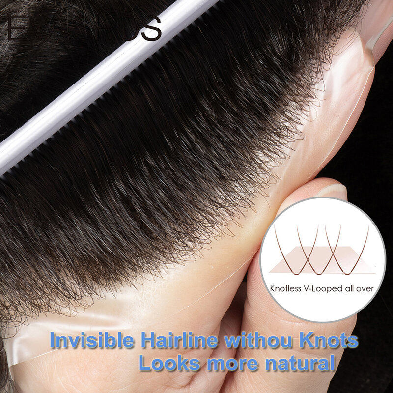 Evasfos-自然な髪のかつら,男性用,完全なpu,Towigs,ヨーロッパ,透明な人間の髪の毛,交換システム