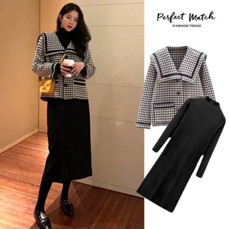 Winter Maternity Plaid Jackets Sailor Collar Long Sleeve Pregnant Woman Sweater Vintage Pregnancy Knit Coats Button Fly Cardigan