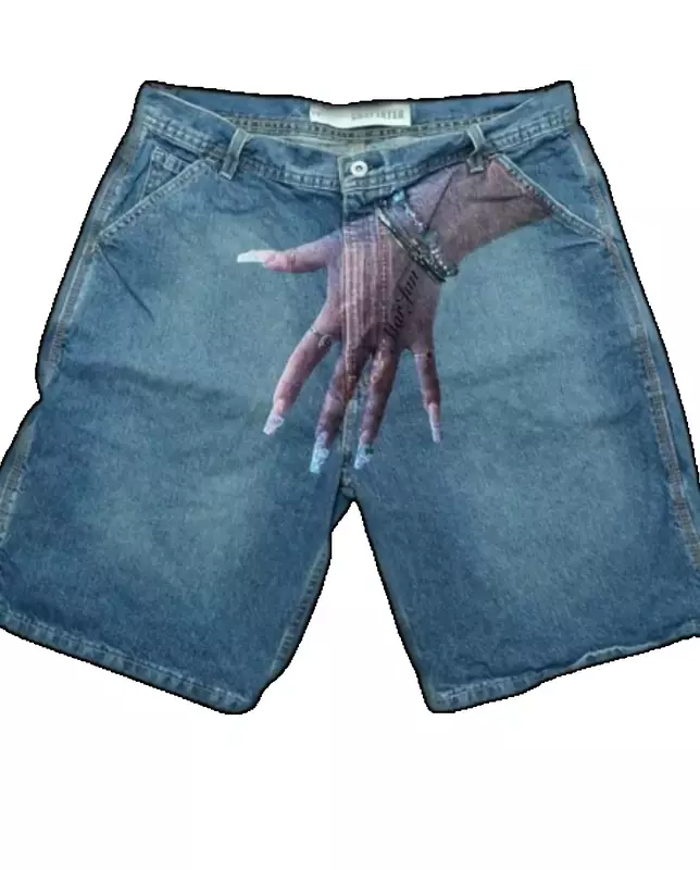 Celana pendek denim hip-hop Y2K, pakaian jalanan cetak pribadi biru jari longgar