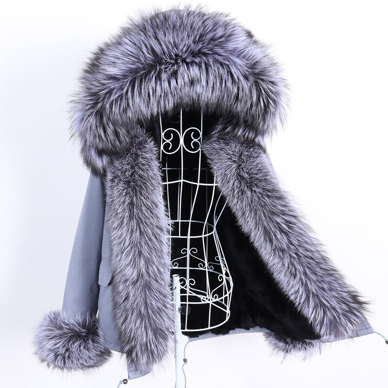 Maomaokong 2023 New Women Winter Fur Coat Rabbit Lining Hoode Jacket Natural Real Fox Raccoon Collar Parka Short Female Clothing