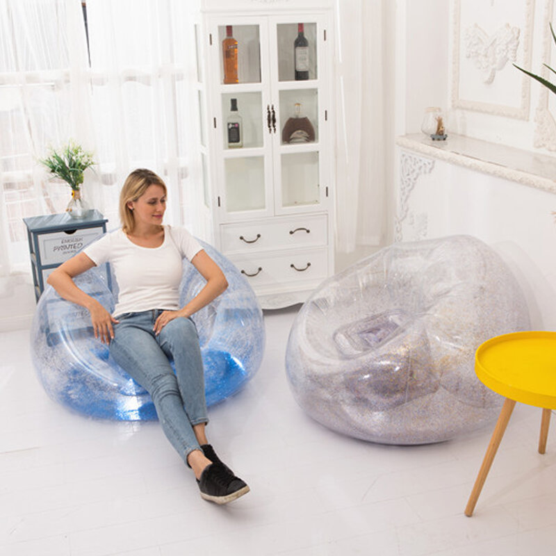 Kursi Berbaring Kasur Apung Tiup Aksesori Kolam Pantai Sofa Kreatif Glitter PVC Biru Kursi Malas Tunggal Luar Ruangan Portabel