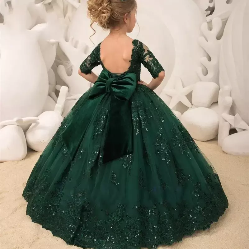 Темно-зеленое кружевное платье с цветочным принтом для девочек, Тюлевое платье с коротким рукавом и бантом с блестками для маленьких девочек, платье принцессы для свадьбы, дня рождения, первого причастия