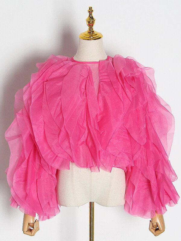 Женская блузка с рюшами TWOTWIN, однотонная, Лоскутная, с круглым вырезом, длинными рукавами-фонариками, винтажная