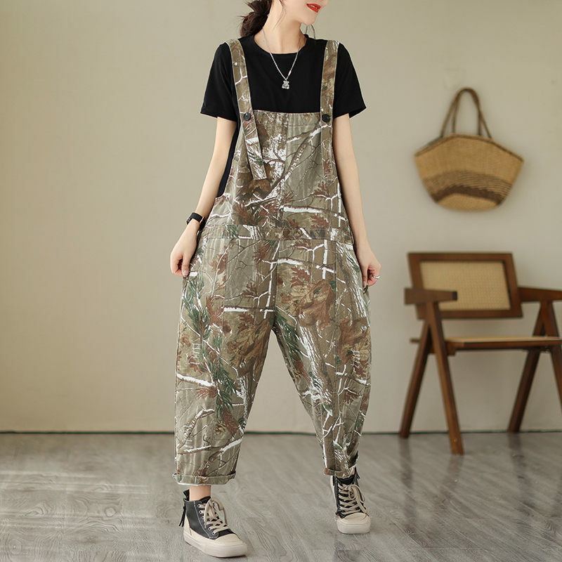 Summer Thin Printed Denim Strap Pants For Women's Abstract Jumpsuit Slim Versatile Casual Vintage Jeans Trousers Z1458