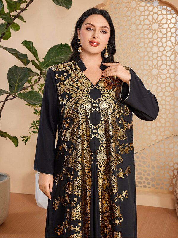 Gaun etnik Muslim, jubah ukuran besar wanita longgar baru musim semi musim gugur dengan cetakan cap emas lengan panjang leher V