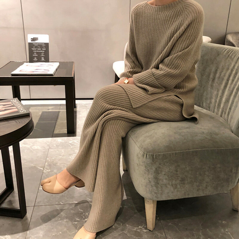 Conjunto de duas peças feminino com calça e sweater de perna larga, malha, moda korean, casual, outono, inverno, novo, 2023