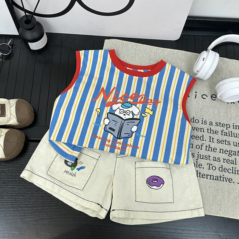 Conjunto de roupas infantis para bebês meninos, blusa de alças, camiseta, shorts, outwear, novo, verão