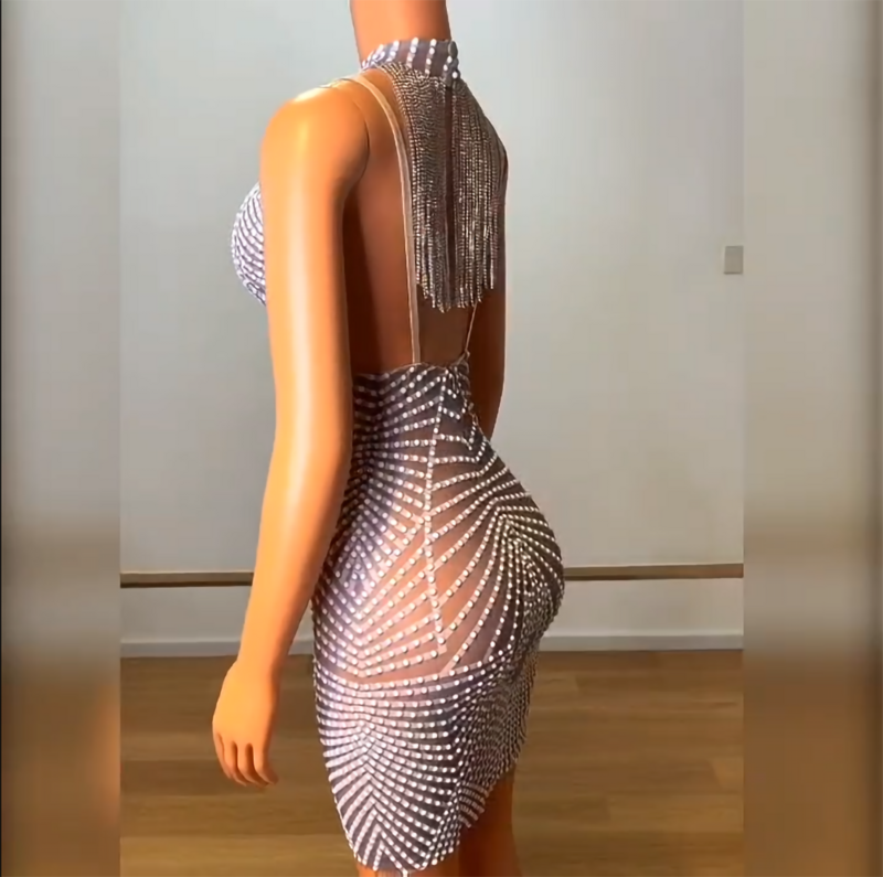 Disesuaikan rumbai Mesh renda transparan tinggi elastis lengan pendek payet seksi ketat gaun pesta penampilan panggung gaun