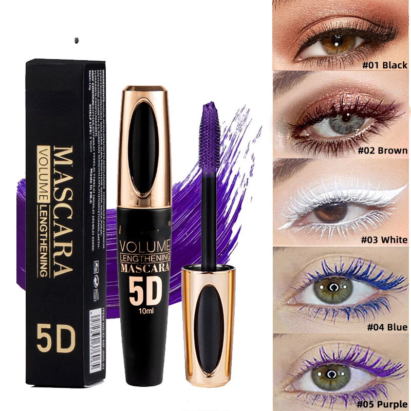 Mascara 5D imperméable à l'eau, résistant à la transpiration, non baveux, document mince, violet, bleu, blanc, cosmétiques