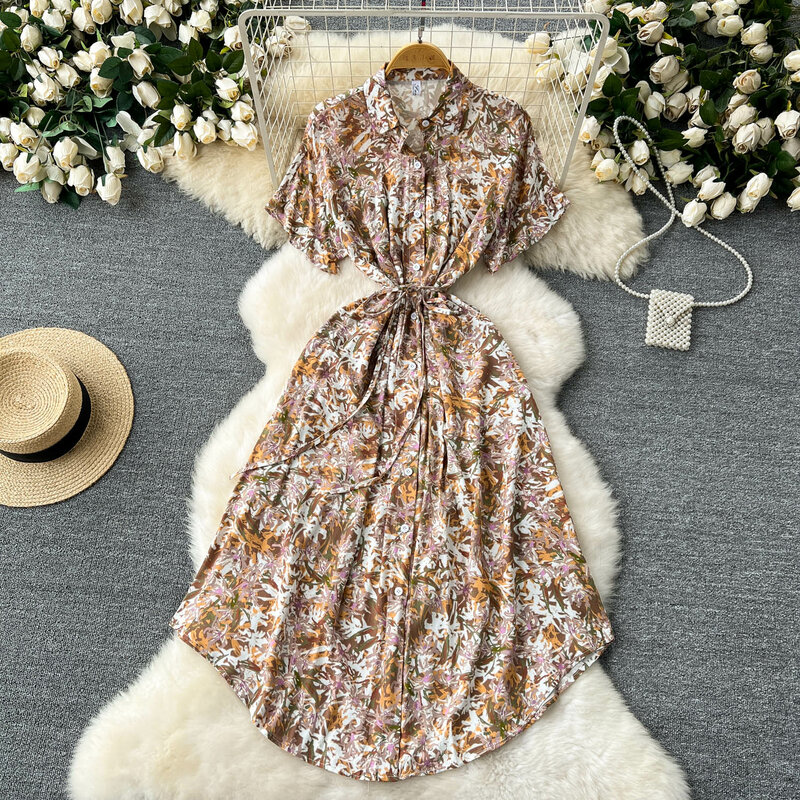 Vintage Pleated Turn-down Collar High Waist Print Dress Single Breasted chiffon Chic  Vestidos Women summer dresses