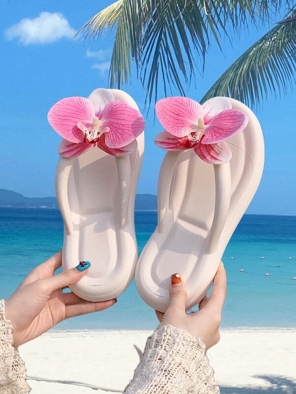 Women Beach Flip Flops Butterfly Orchid Herringbone Slippers For Summer Beach Vacation Beach Shoes, Fashionable Clip On