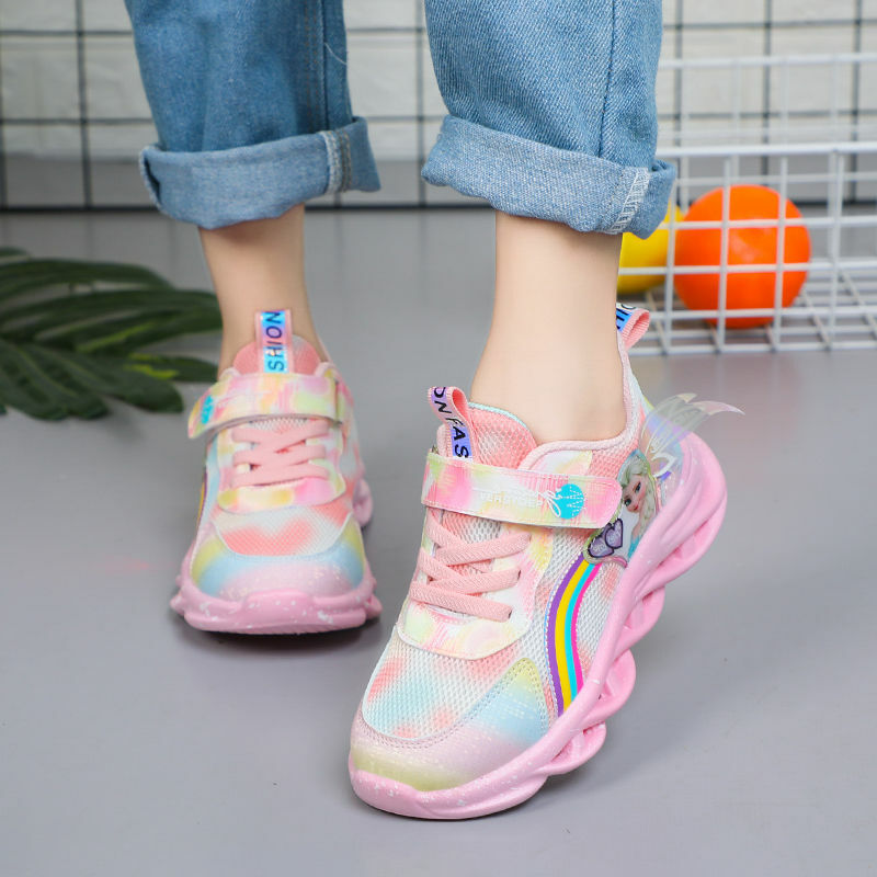 أحذية ديزني للبنات LED أضواء الربيع شبكة تنفس الفتيات الرياضية الأميرة إلسا الوردي الأرجواني أحذية رياضية حجم 22-37