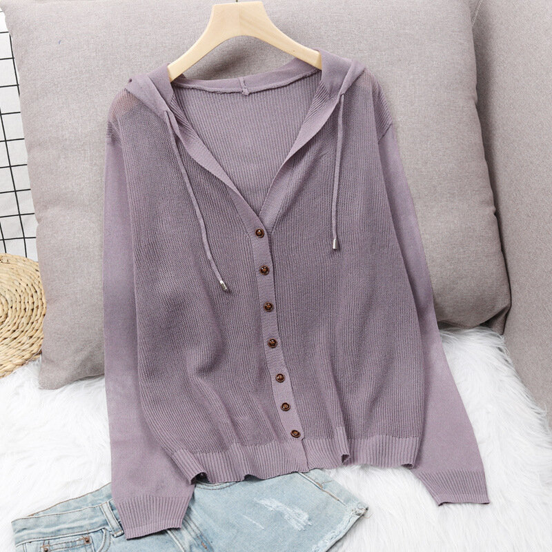 2022 new summer knitted Cardigan Jacket Women's Hooded Jacket ice silk sweater thin hollow beach sunscreen clothes Purple