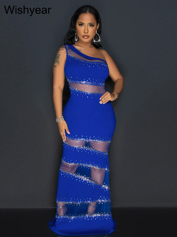 Luxury Sparkle Diamond Single Shoulder Rhinestones Mesh Long Maxi Dress Woman Sexy Night Party Prom Birthday Evening Vestidos