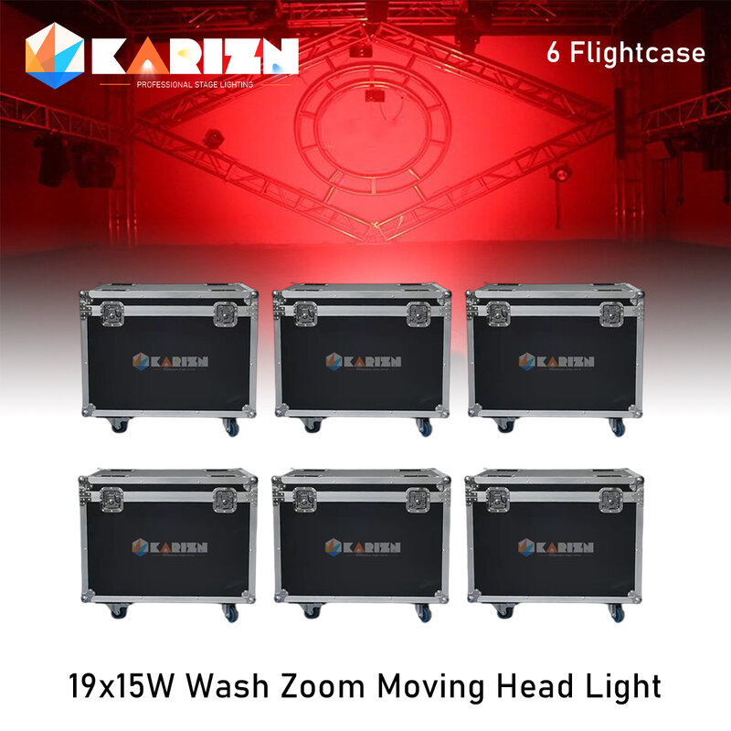 Flycase para Zoom Lira Lavagem, Dmx 19x15W LED Wash Zoom, rgbw movendo cabeça luz, palco Spotlight para Dj, discoteca, imposto, 6pcs