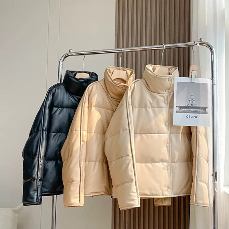 스탠딩 칼라가 있는 여성용 양가죽 다운 재킷, 화이트 다운 코트, 릴렉스 핏 아우터, 캐주얼 코트, 포켓, 브랜드, 겨울