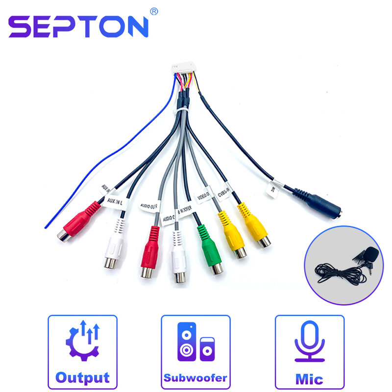 SEPTON 범용 RCA 케이블 어댑터 와이어링 커넥터, 안드로이드 자동차 라디오 출력 와이어 하네스 마이크 인터페이스 라인, 3.5mm, 20 핀