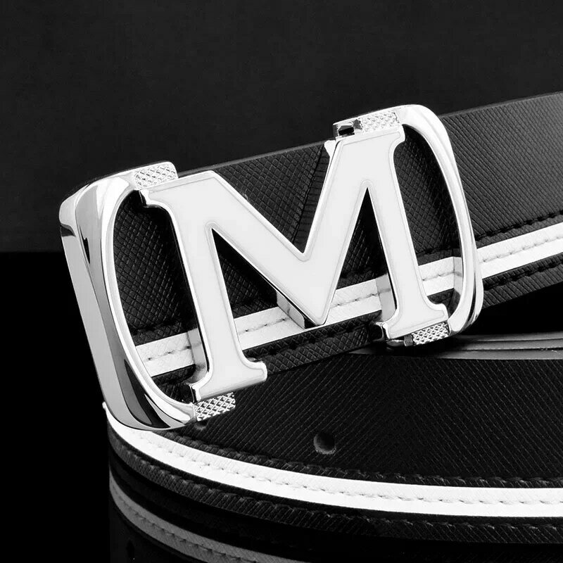 3.3cmMen's Smooth Buckle Belt with M Letter Design in Genuine Leather