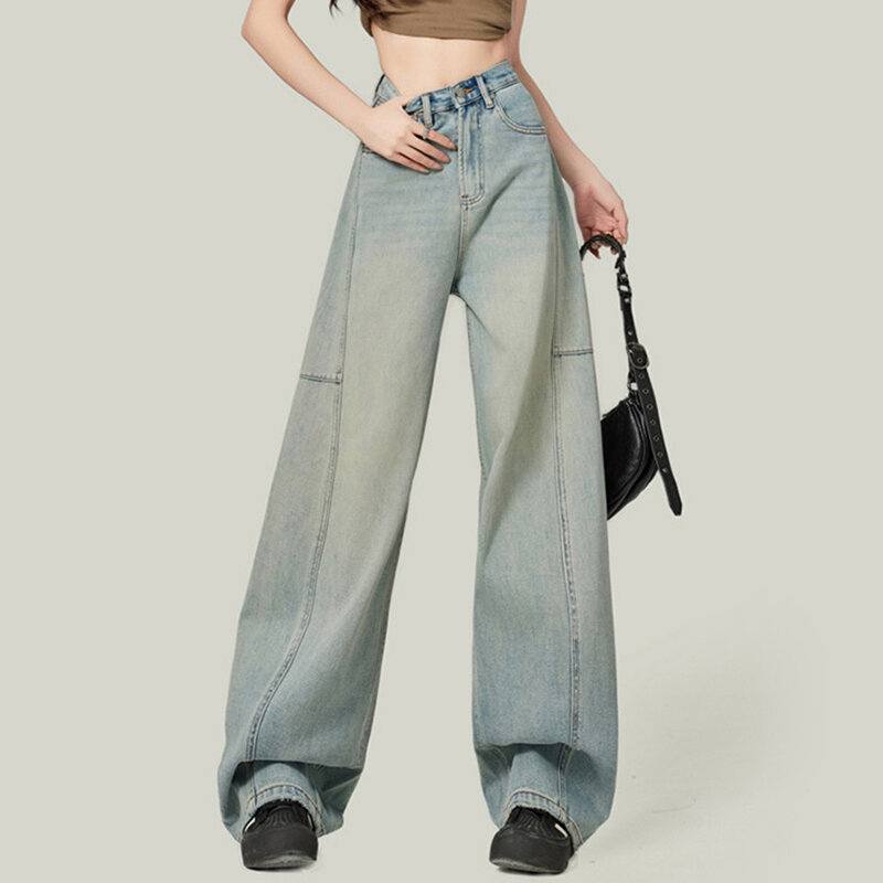 Calça jeans leve lavada e reta, estilo namorado, para limpar o chão, Y2K, rua, 2024