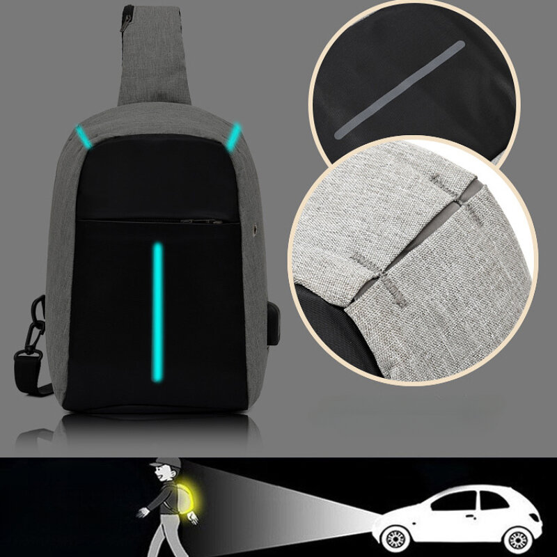 Crossbody Sling Bag para homens e mulheres, mochila de ombro, sacolas no peito com porta de carregamento USB, Headphone Hole