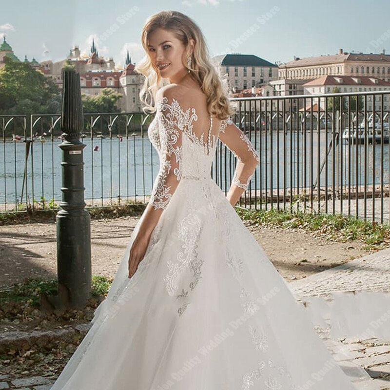 Gaun pernikahan wanita A-Line renda gaun pengantin lengan tiga perempat Tulle Glitter seksi gaun pengantin wanita panjang pel 2024 Vestidos De Novia