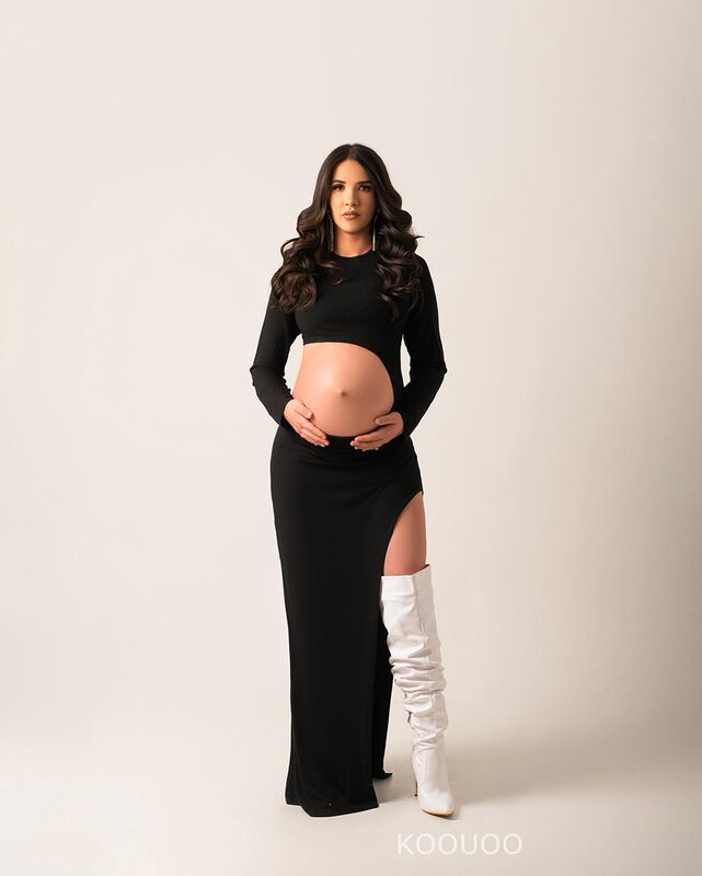 Gaun bersalin untuk pemotretan wanita hamil Cut Out Bodycon rok Slim-fit panjang Maxi dengan gaun samping pakaian fotografi