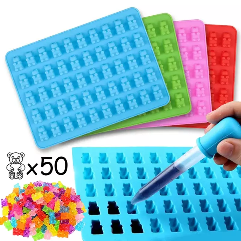 50 Grids Gummy Bear Mold Silicone Chocolate Mold with Dropper Fondant Chocolate Candy Maker Moulds DIY Baking Decorating Tools