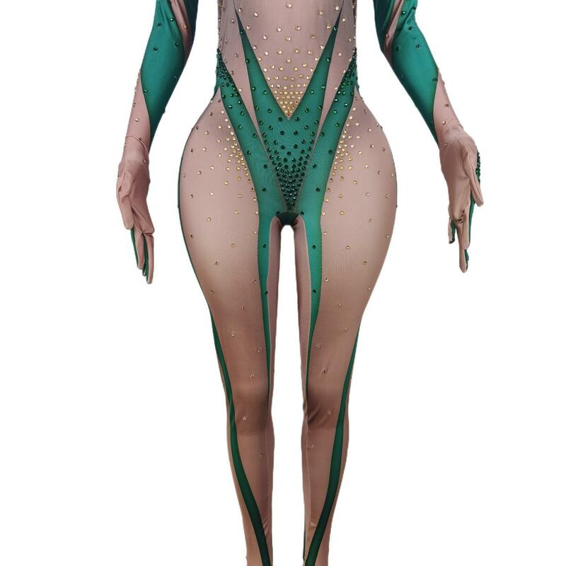 Сексуальный зеленый комбинезон с кристаллами, женский костюм для ночного клуба, танца, выступления на день рождения, одежда Banyuanlv