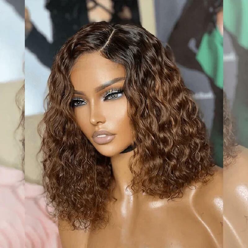 Soft 180Density 16" Short Bob Ombre Brown Kinky Curly Lace Front Wig For Black Women BabyHair Glueless Preplucked Heat Resistant